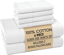 Queen Size White 100 Cotton Sheet Set, 6 Pieces, Complete 15" On Sale