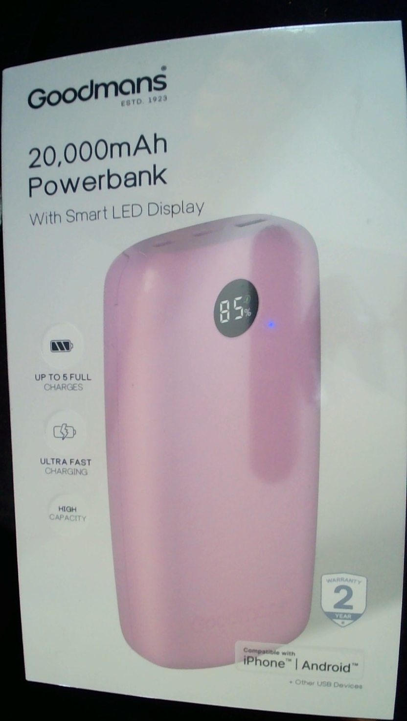 Goodmans 20,000mAh Power Bank. Pink. Ultra Fast Charging. LED display.Fast Post