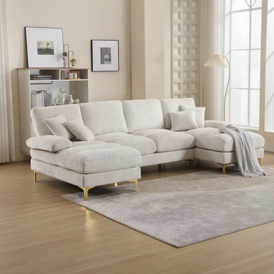 Modern Large U-Shaped Sectional Sofa, Chenille Fabric, with Double Recliners
