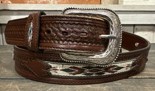 Wrangler EMBOSSED BROWN LEATHER CANVAS ENGRAVED BUCKLE MEN'S BELT Sz 44/110 EUC