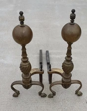 Brass Andirons 21"H heavy square cut bolts on bottoms patina taller than photo