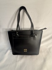 Dooney & Bourke Black Smooth Leather Zip Top Tote Gold Plaque Striped Lining
