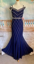 Maxi Evening Dress 8 Navy Blue Silver Beaded Sequin Fishtail Goddiva Deco 20's