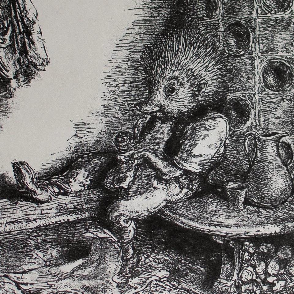 Andreas Paul Weber Igelhausen auf der Ofenbank Griffelkunst Lithografie 1980