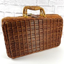 Woven Wicker Rattan Square Suitcase Handbag Picnic Basket Storage Leather VTG