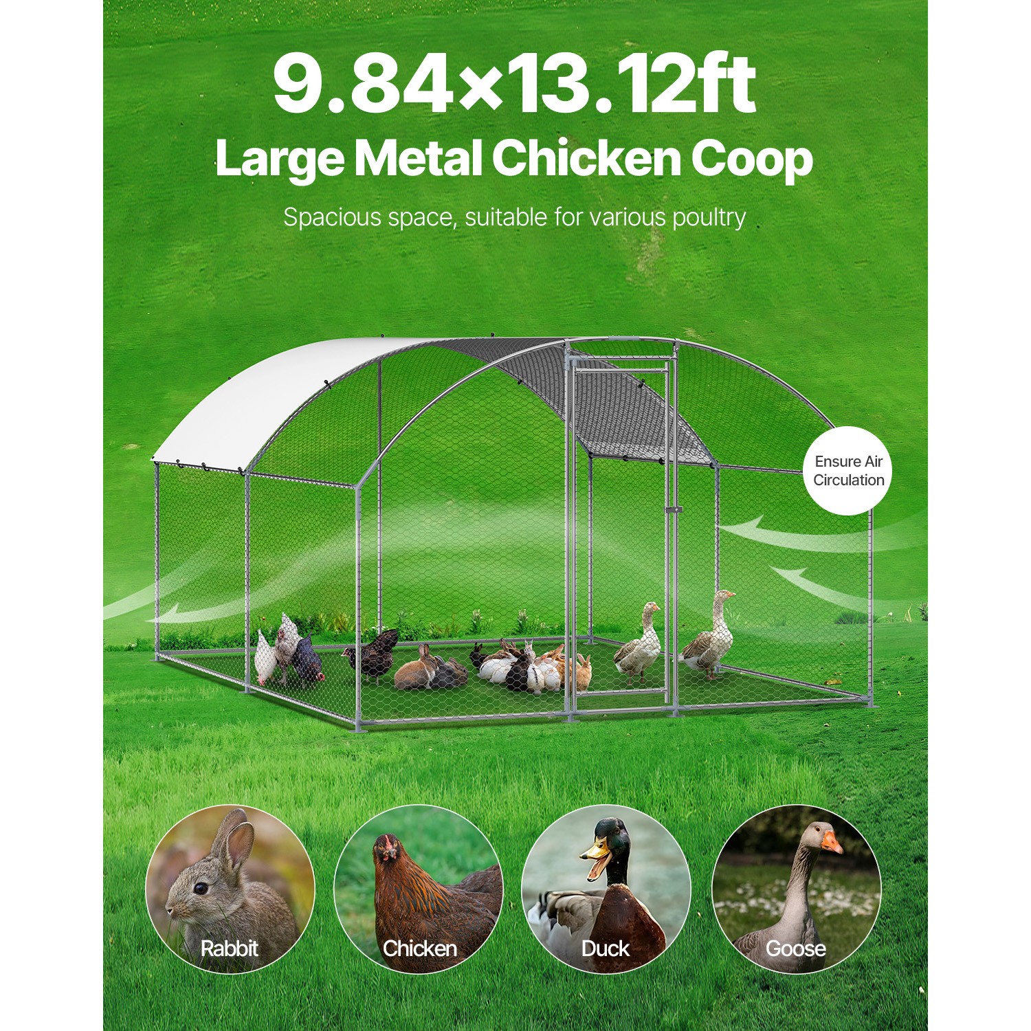 Metal Chicken Coop 9.8x13.1x6.5 ft Walk-in Chicken Run with Cover Doom Roof