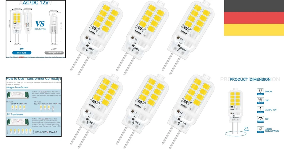 G4 LED Lampe 12V 3W (6 Stück), Neutralweiß 4000K, Energiesparend & Langlebig - Bild 2 von 4