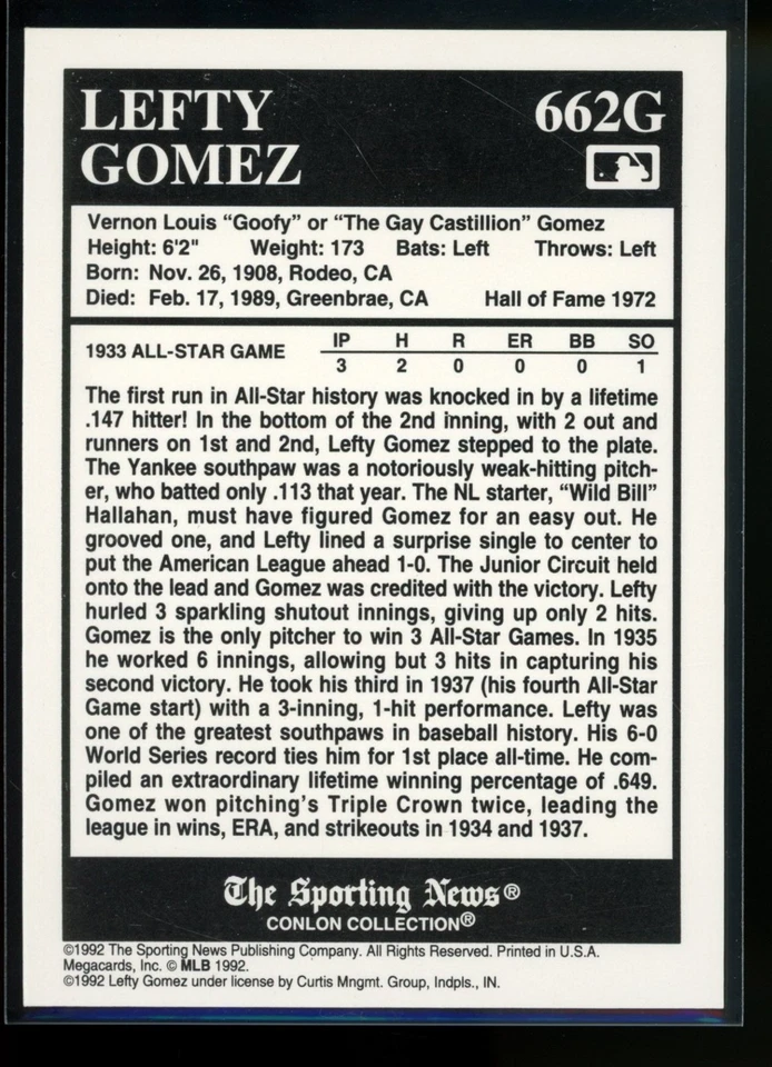 Lefty Gomez 1992 Conlon TSN Gold Inserts #662G Yankees RARE SSP - Image 2 of 2