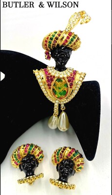 VINTAGE OLD STOCK UNSIGNED BUTLER AND WILSON BLACKAMOOR PIN AND EARRINGS 