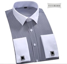 Mens Formal Dress Shirts Luxury Striped White Collar French Cuff Free Cufflinks