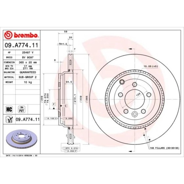 Brembo 2X Bremsscheibe Hinten Ø365 Mm InnenbelüFtet FüR Land Rover Range LS 5.0-image