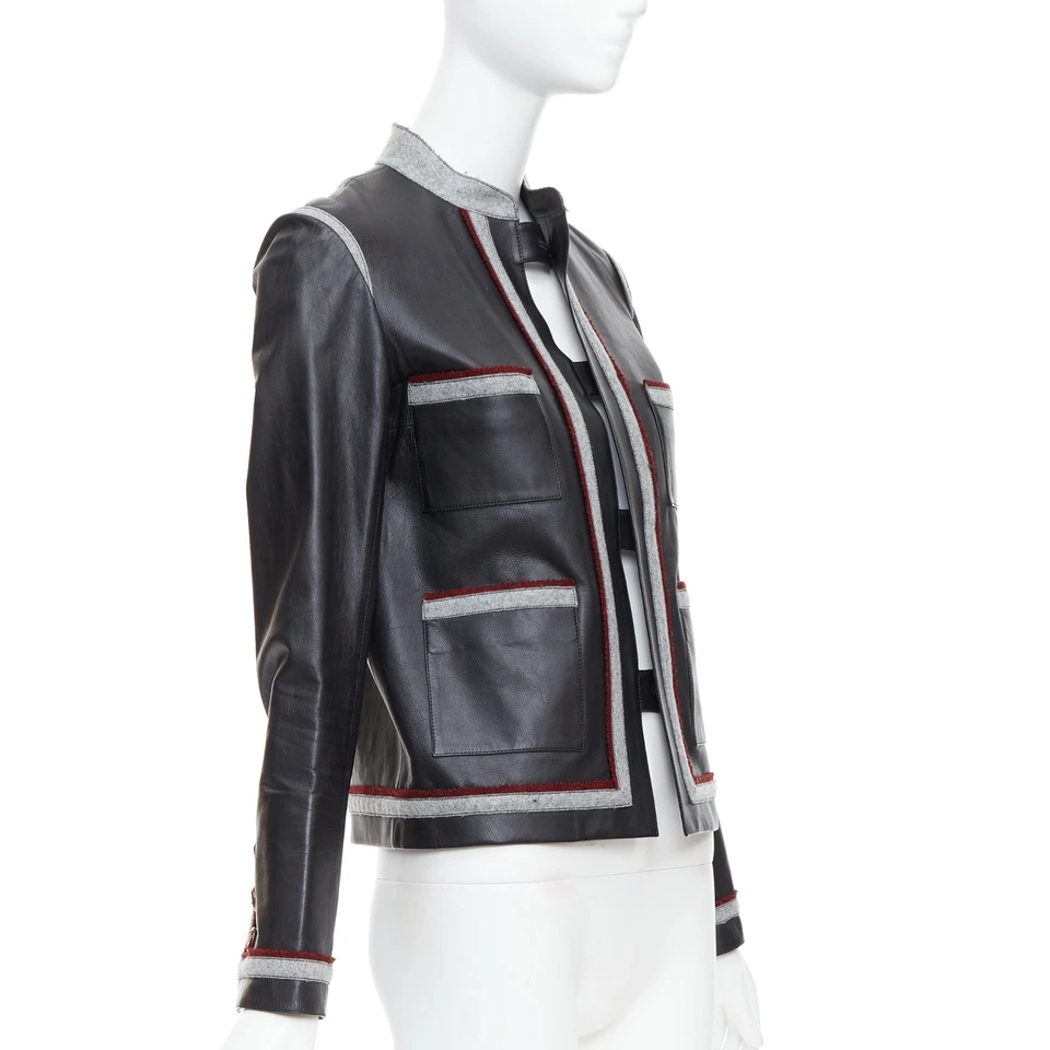 CHANEL 10A Paris Shanghai Runway black leather grey trim 4 pocket jacket FR36 S - Image 3 of 4