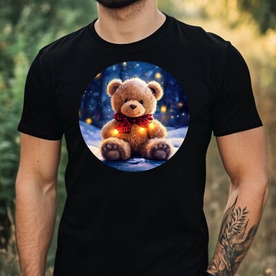 Mens Teddy Bear with Northern Lights Motif Cotton T-Shirt Size XS to 5XL