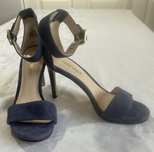 Nine West Blue Suede 3 1/2” Heels Women Ankle Strap Peep Toe Sandal Size 5