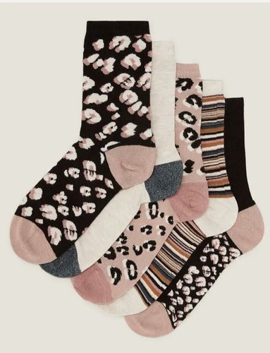 New Ladies Socks 5 Pack EX M&S Animal Print Stripes NEW Womens - Picture 3 of 10
