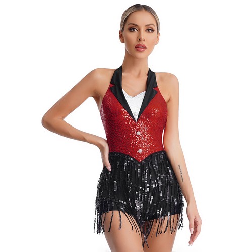 AU Womens Tuxedo Jazz Latin Dance Costume Sequins Tassels Leotard Jumpsuit Dress - Picture 13 of 173