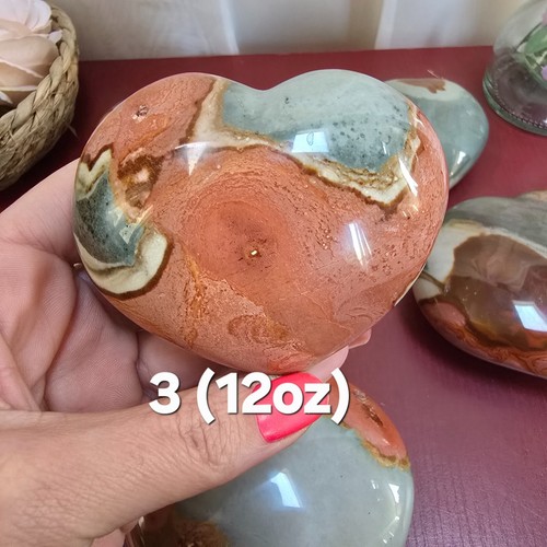 Large Polychrome Ocean Jasper Crystal Puffy Heart Orange Pink Brown Carved Heart - Picture 23 of 32