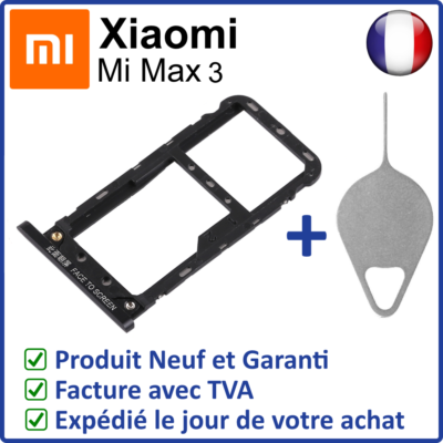 Tiroir Support Carte Double SIM + MicroSD Pour Xiaomi Mi Max 3 - Noir, Avec Outil, Neuf Sous Blister