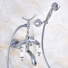 Wall-Mount Two Handles Bathtub Tap with Hand Shower Chrome Brass Finish Faucet