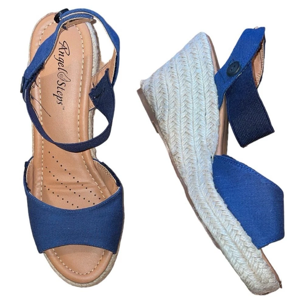 Sandales compensées plateforme espadrille Angel Steps Supreme bride cheville bleu marine taille 6,5