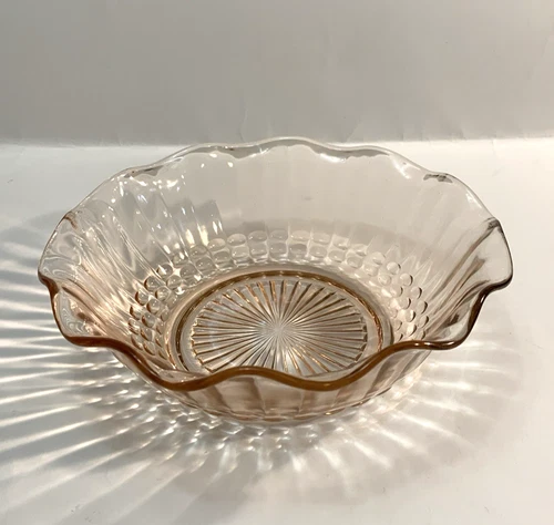 Pink Pressed Depression Glass Small Bowl Candy Dish Ruffled Edges Raised Designs
