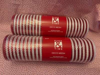 Place & Time Iridescent 10'' X 30' Deco Mesh Red/White Stripe TWO Rolls NEW