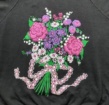 Vtg 80s Flowers Short Sleeve Sweatshirt Mounted Collar Cute Bouquet Art Large