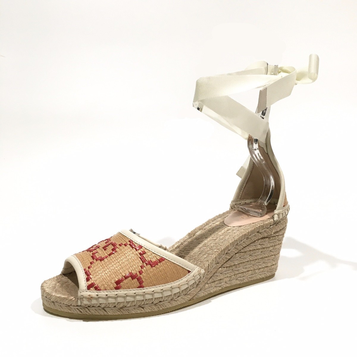 GUCCI GG ESPADRILLE WEDGE SANDAL -ANKLE TIE -NATURAL BEIGE