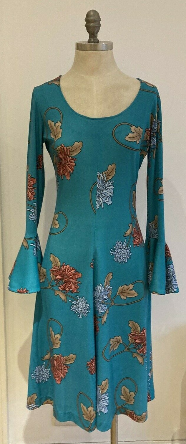 1970s Turquoise Floral Dress by Laura Lee, Jamaica, 19" pit to pit approx. 8