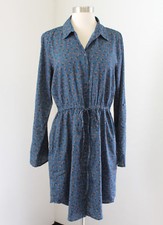 Ann Taylor Loft Teal Blue Floral Print Drawstring Shirt Dress Size 6 Long Sleeve
