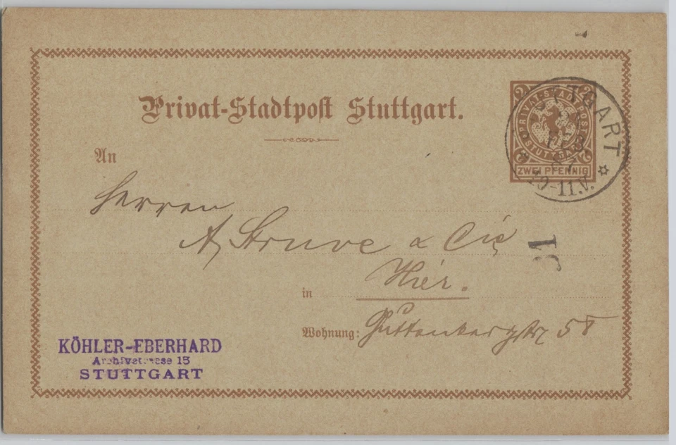 69470 Privatpost Ganzsachen Postkarte Privat Stadtpost Stuttgart 2 Pfennig 1887 - Bild 1 von 1