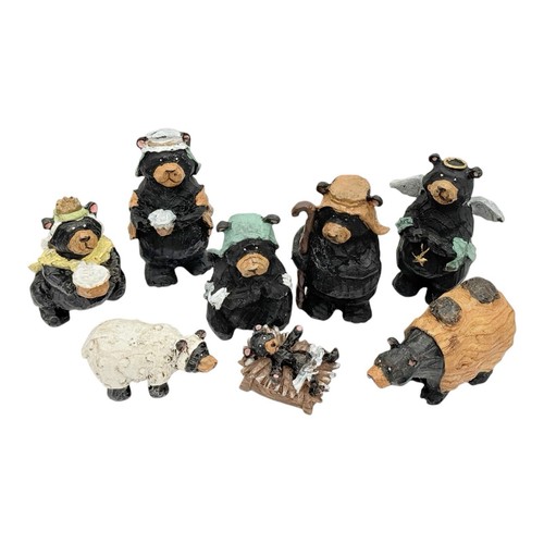 Black Bear Carved Resin Christmas Nativity Set of 8 Figures 3.5” Adler Rustic - Afbeelding 3 van 11