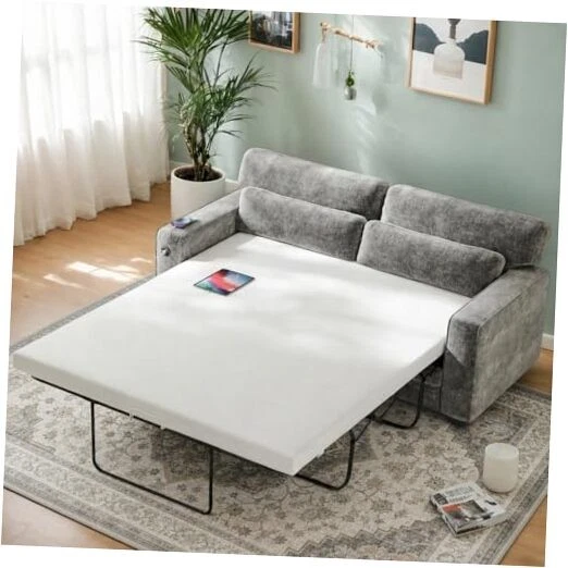 63" Pull Out Sofa Bed Size Sleeper Sofa with Memory Foam Full Light Grey