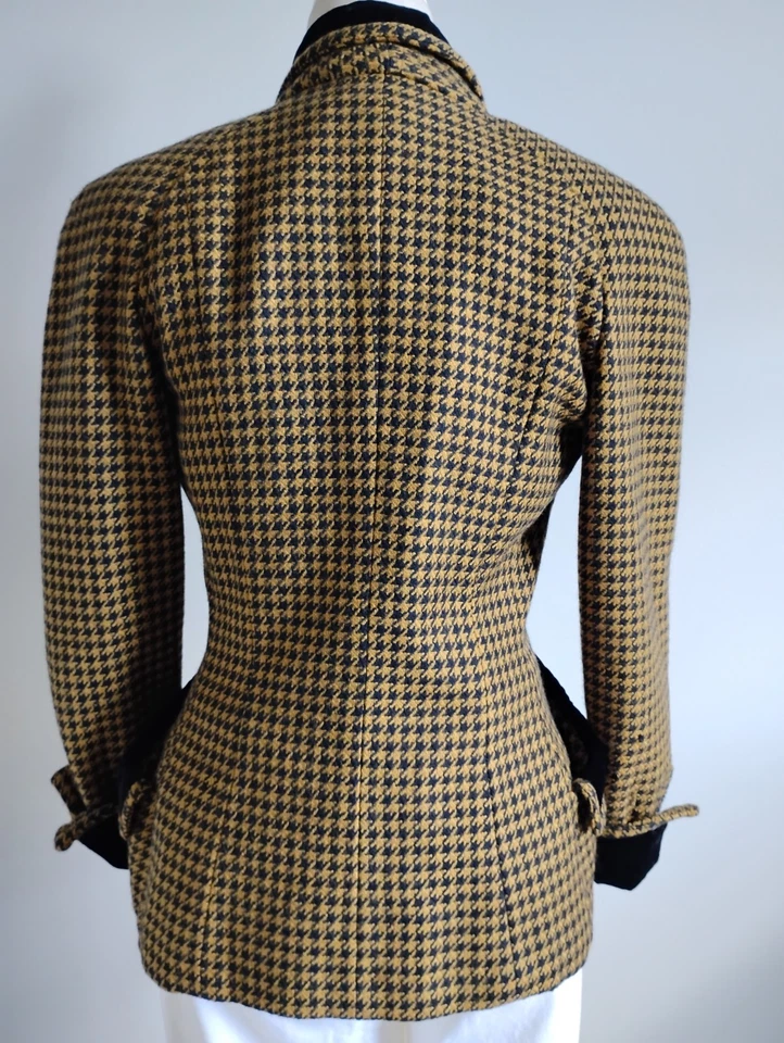 Norma Kamali Vintage 80s 100% Wool Jacket Velvet Detail Houndstooth Size Small - Image 4 of 4