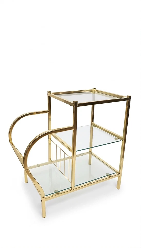 Mesa auxiliar vintage Hollywood Regency de 2 niveles - Mesa auxiliar dorada con estante para revistas Foto 3 de 4