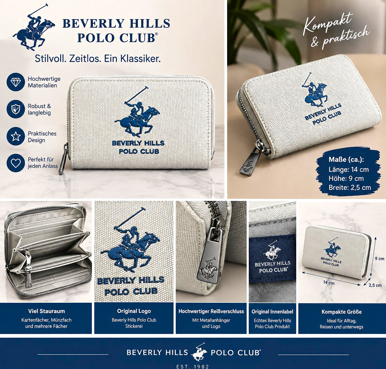 Beverly Hills Polo Club Herren Geldbörse Grau Reißverschluss Logo Kreditkarte