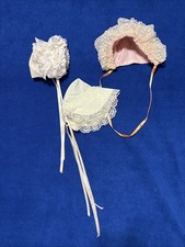 Baby Bonnets Lot of 3 Pink White Ivory Lace Prairie Cottage Coquette Vintage