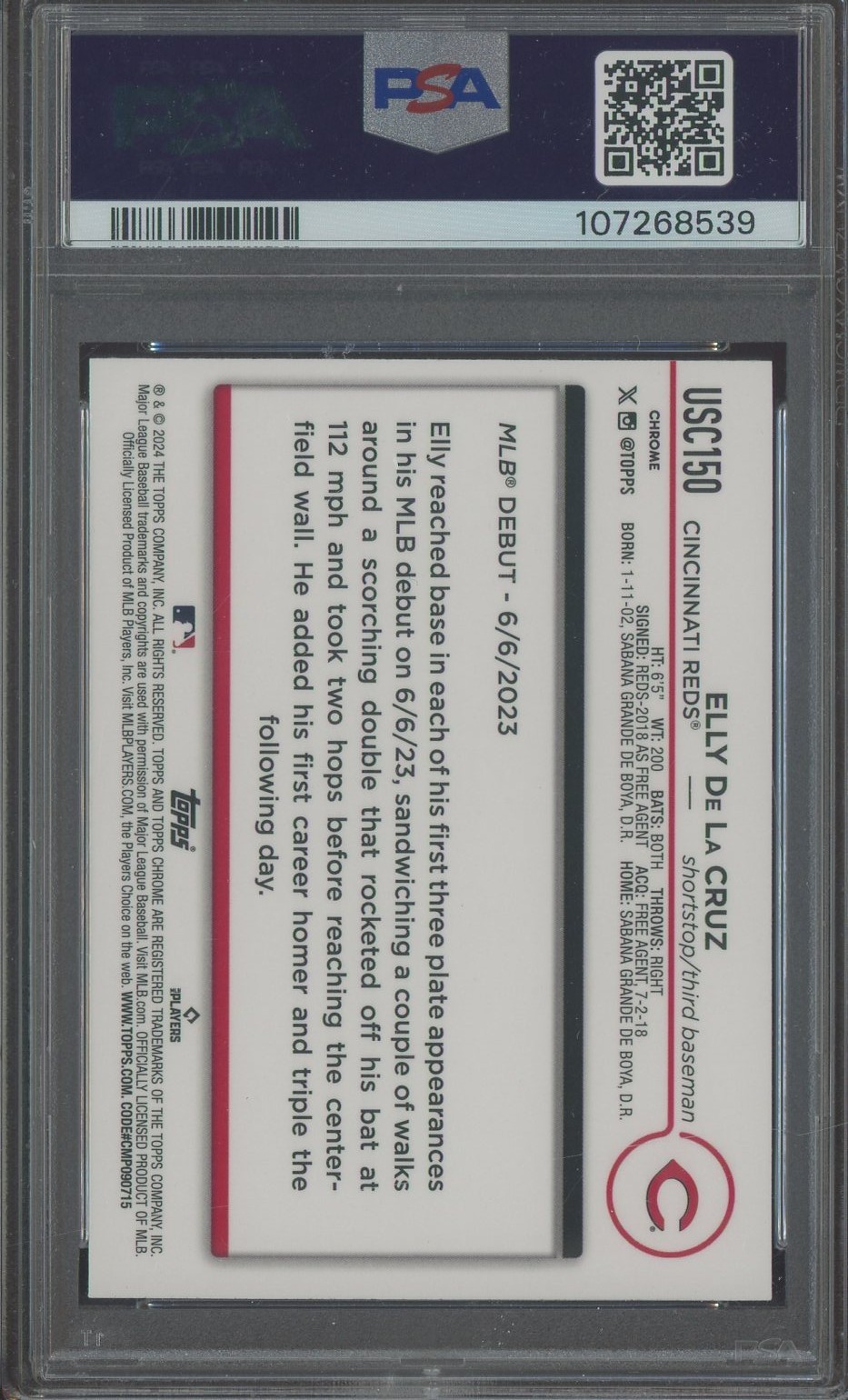 2024 Topps Chrome Update Aqua Refractor Elly De La Cruz RC Rookie /199 PSA 10 view 2