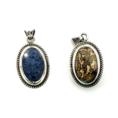 Vintage Stamped Taxco Mexican Silver Lapis/Leopardskin Agate Reversible Pendant