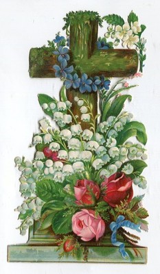 Oblaten  scrap die cut chromo   Blumenkreuz K.B. 1713  15,8 cm
