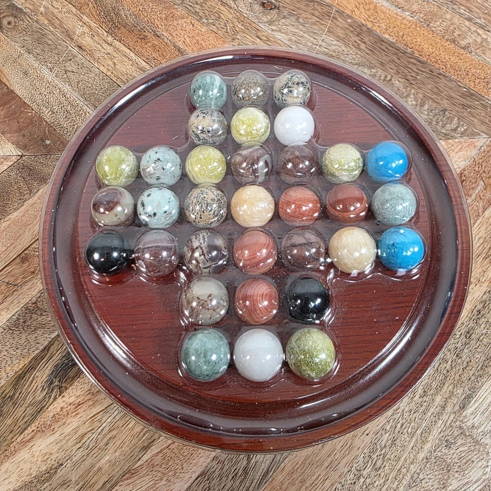  Classic Wooden Solitaire Game with 33 Mineral Marbles - Image 4 of 4