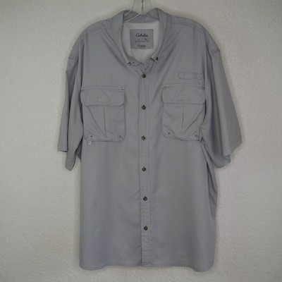 Cabela's Fishing Camp Shirt 2XL Gray Houndstooth Button Up Short Sleeve