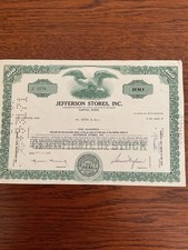 Jefferson Stores Inc 1968 100 Shares
