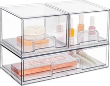 Stackable Storage Drawers Set of 3,Clear Plastic Organizer Bins Makeup Cosmetics