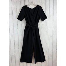 VETTA Black Tencel Organic Cotton V-Neck Belted Wide Leg Jumpsuit Size Small