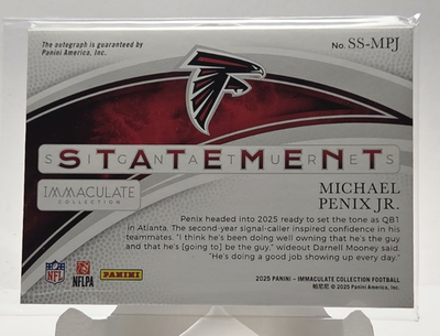 Michael Penix Jr Immaculate RC Auto /49 Falcons On Card Rookie SP