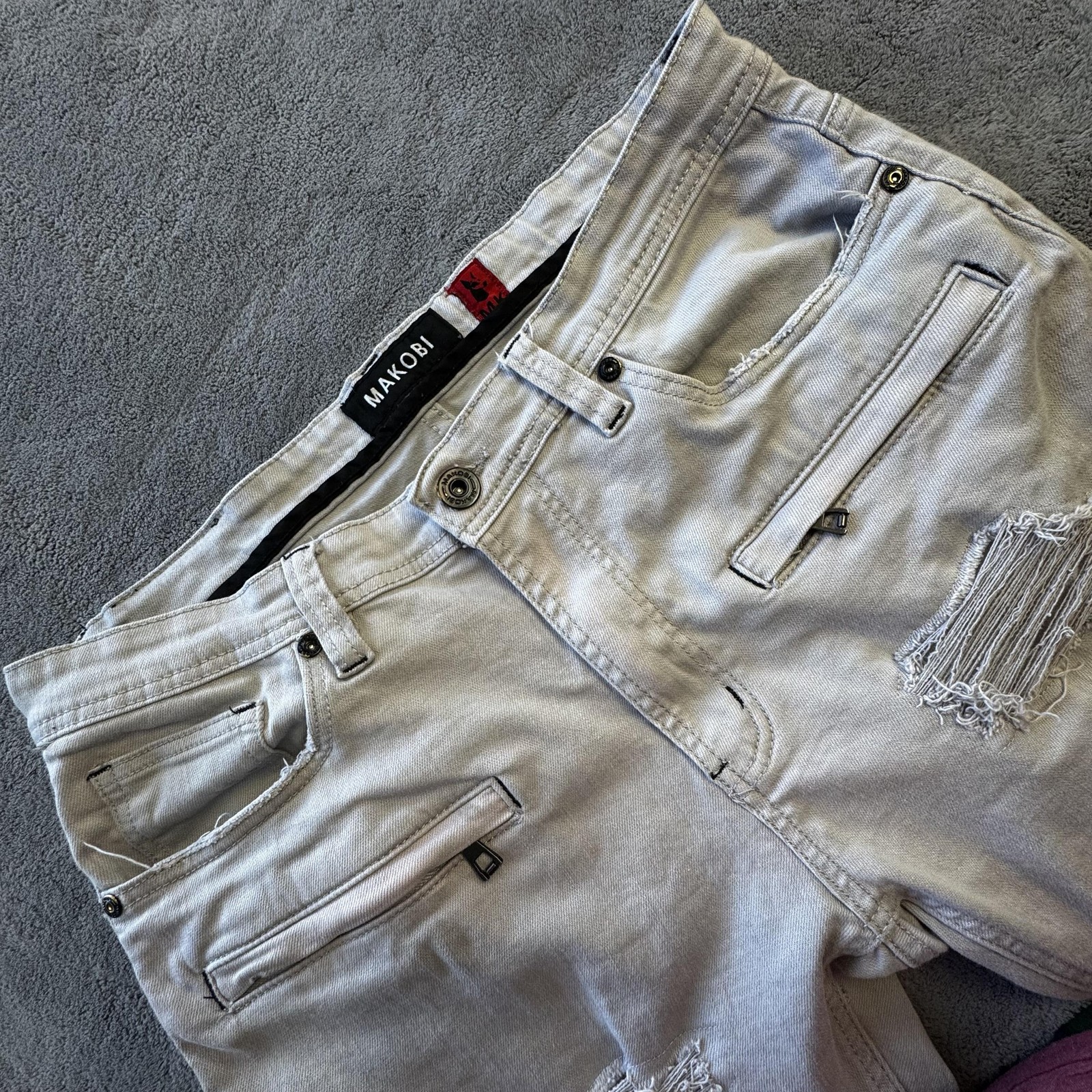 Makobi Jeans Mens 38x32 Light Gray Moto Biker Distressed Denim Slim Fit