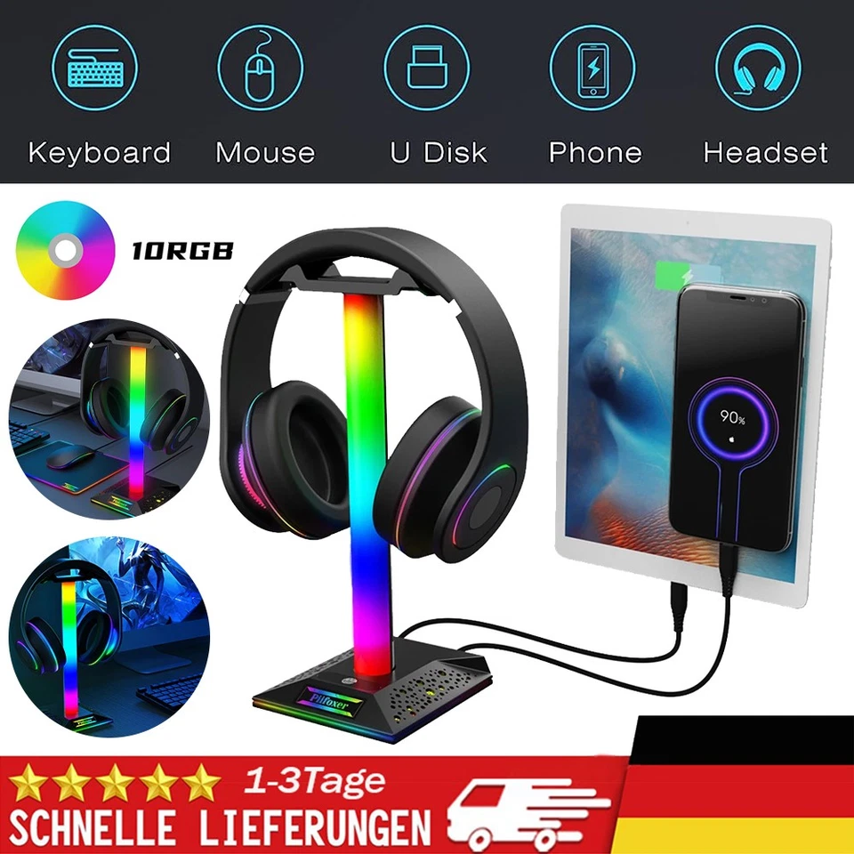 LED Kopfhörer Halter Halterung RGB 10 Modi Headset Halter Ständer Aufsteller USB - Bild 4 von 4