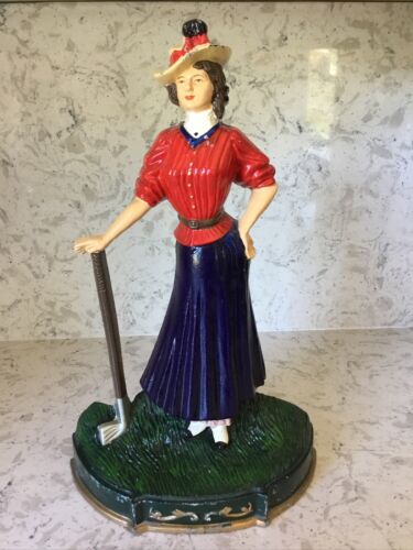 Woman Golfer Cast Iron Door Stop Hand Painted Victorian Style  16” Tall x 9.75”W - Picture 1 of 8