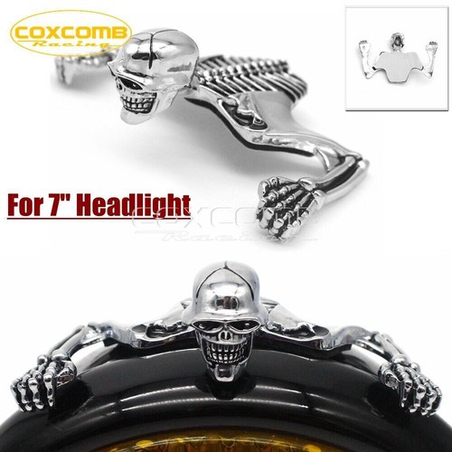 Chrome Skull Skeleton Ornament 7" Headlight Visor Trim For Harley Softail Dyna - 第 1/12 張圖片